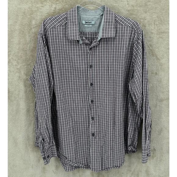 DKNY Shirt Mens 18 Slim Fit Gray Burgundy Check Plaid Button Up 100% Cotton Work - Picture 1 of 9